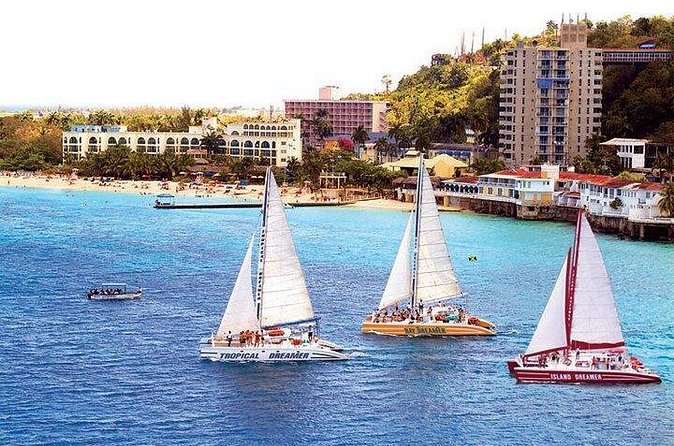 Dreamer Catamaran Montego Bay Cruise to Negril from Falmouth - Seven Mile Beach and the approach to Rick’s Café