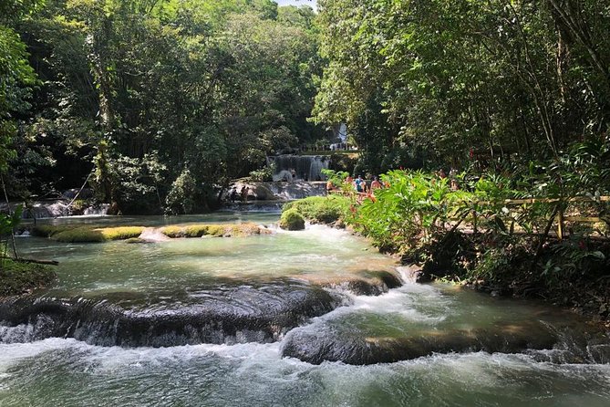 Spring-fed cascades stepping down through the Jamaican interior
